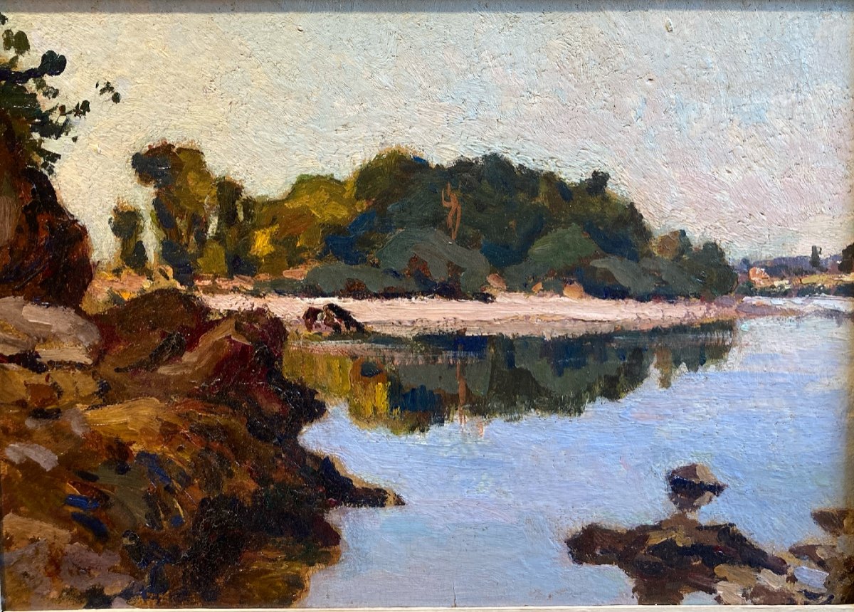 Huile Sur Bois Paysage Bords De La Dordogne XXe-photo-2