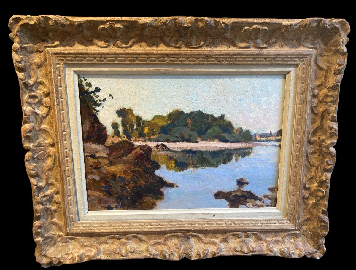 Huile Sur Bois Paysage Bords De La Dordogne XXe