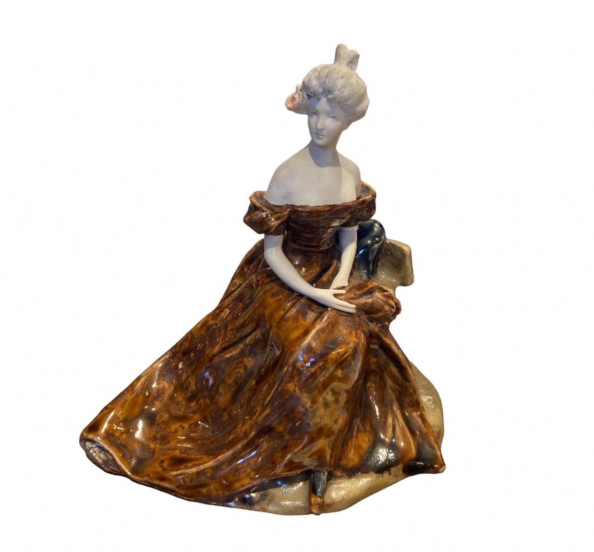 Enamelled Porcelain Statuette Lady With A Rose Early Twentieth-photo-2