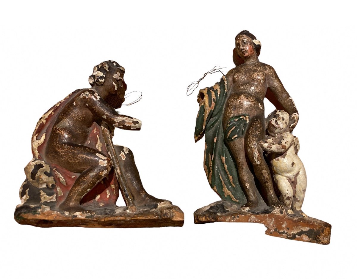 Pair Of Antique Statuettes In 18th Century Painted Wood