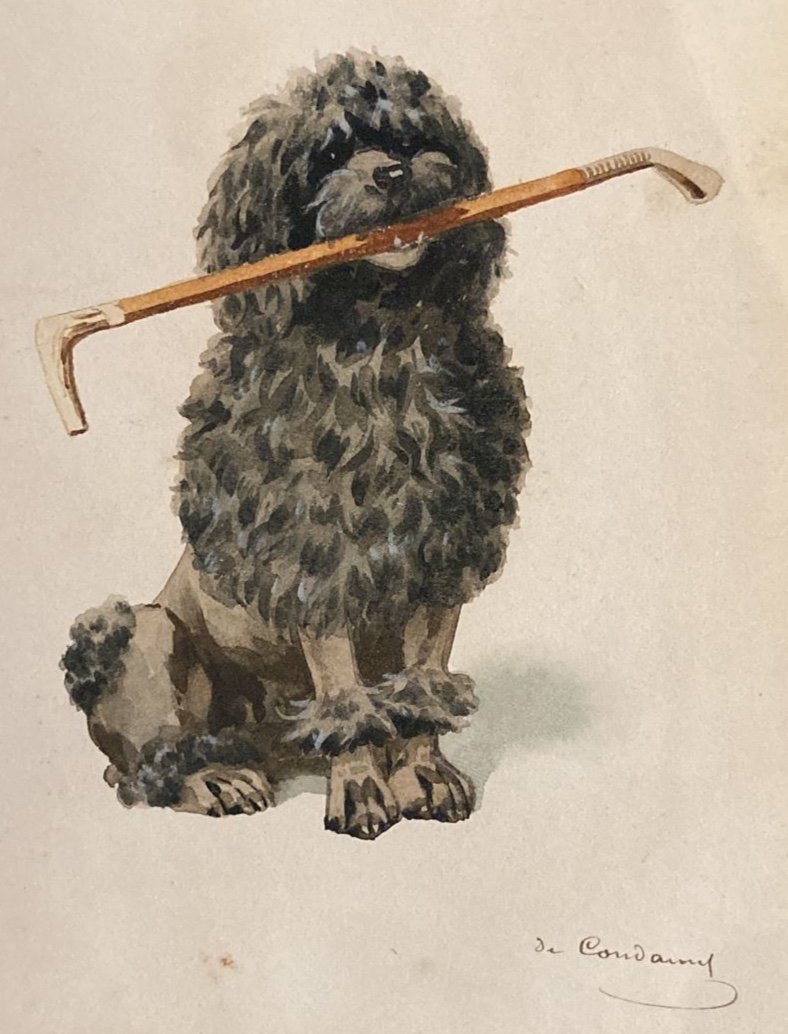 Charles Fernand De Condamy (1855-1913), Watercolor On Paper, Poodle With Cane, Nineteenth
