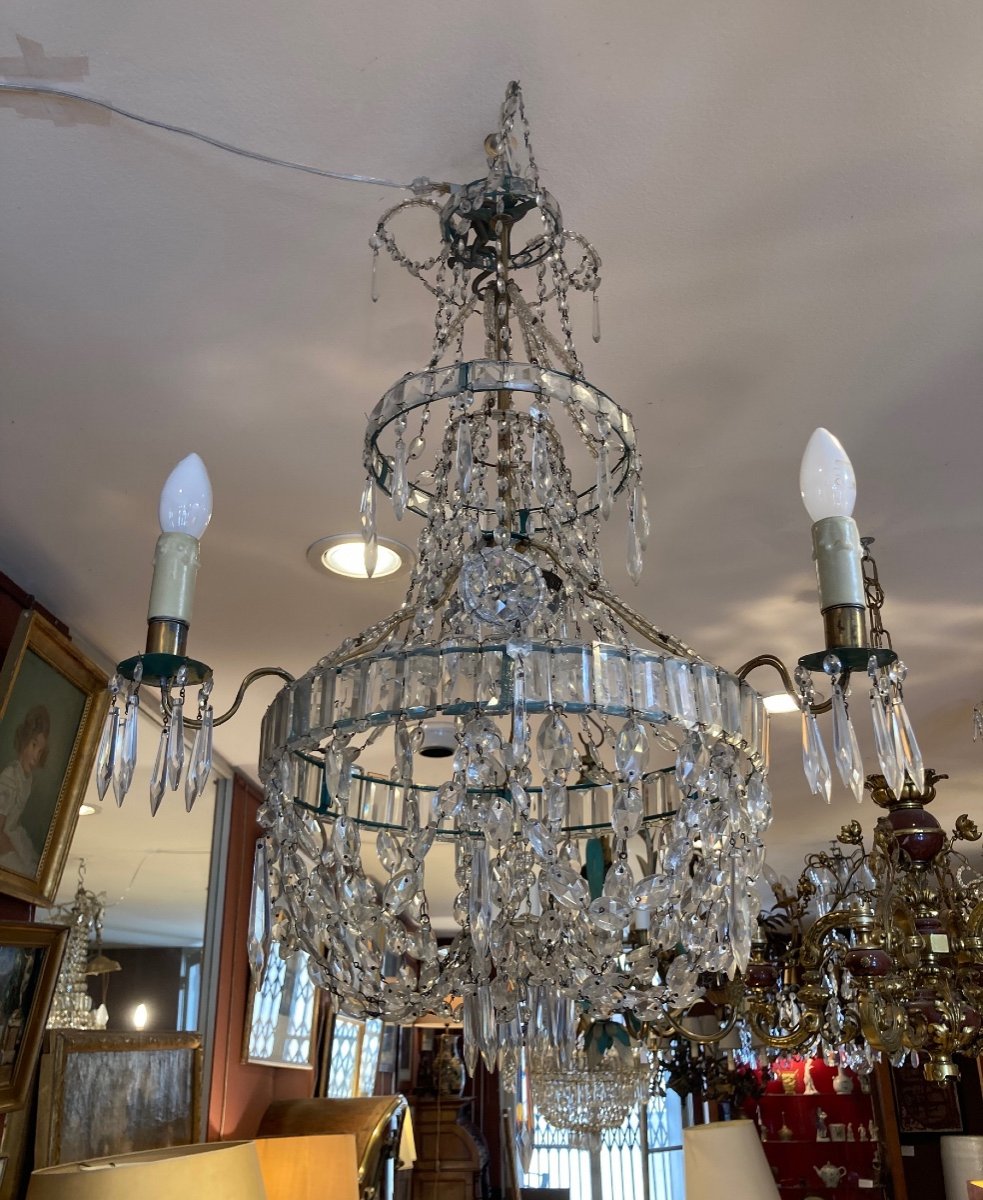 Basket Chandelier In Brass And Pampilles With Three Arms Of Light, Circa 1900-photo-3