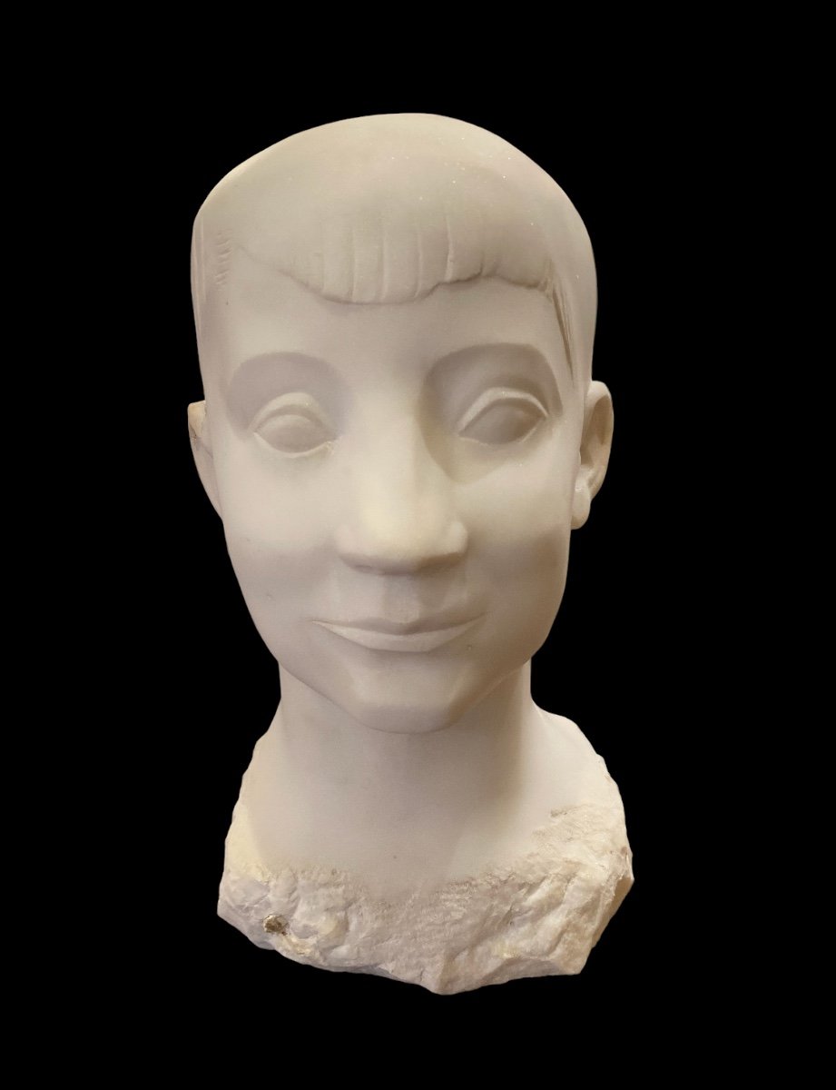 Constantin Andréou, Tête Sculptée En Marbre Blanc, XXe-photo-2
