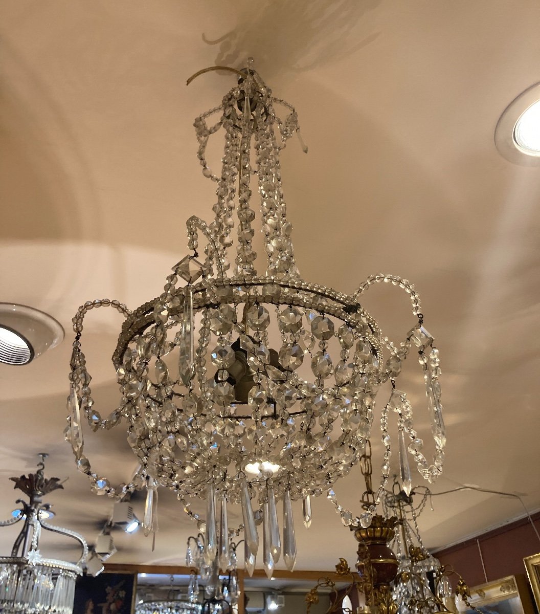 Small Basket Chandelier With Crystal Tassels, Circa 1900-photo-2