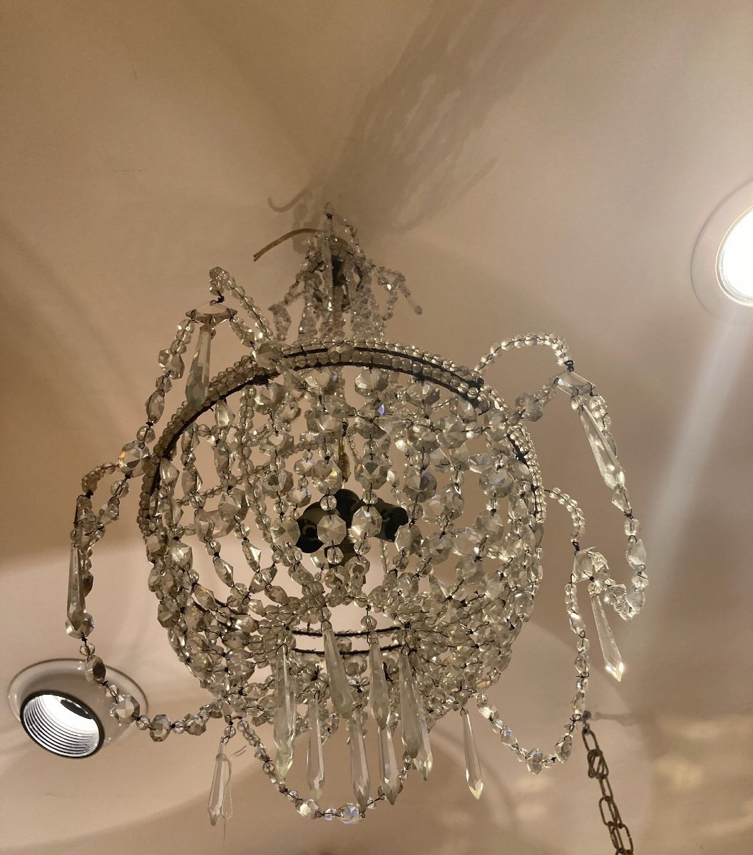 Small Basket Chandelier With Crystal Tassels, Circa 1900-photo-3