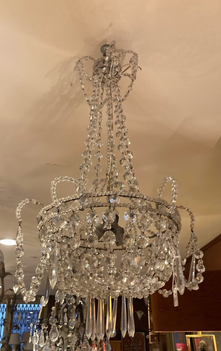 Small Basket Chandelier With Crystal Tassels, Circa 1900