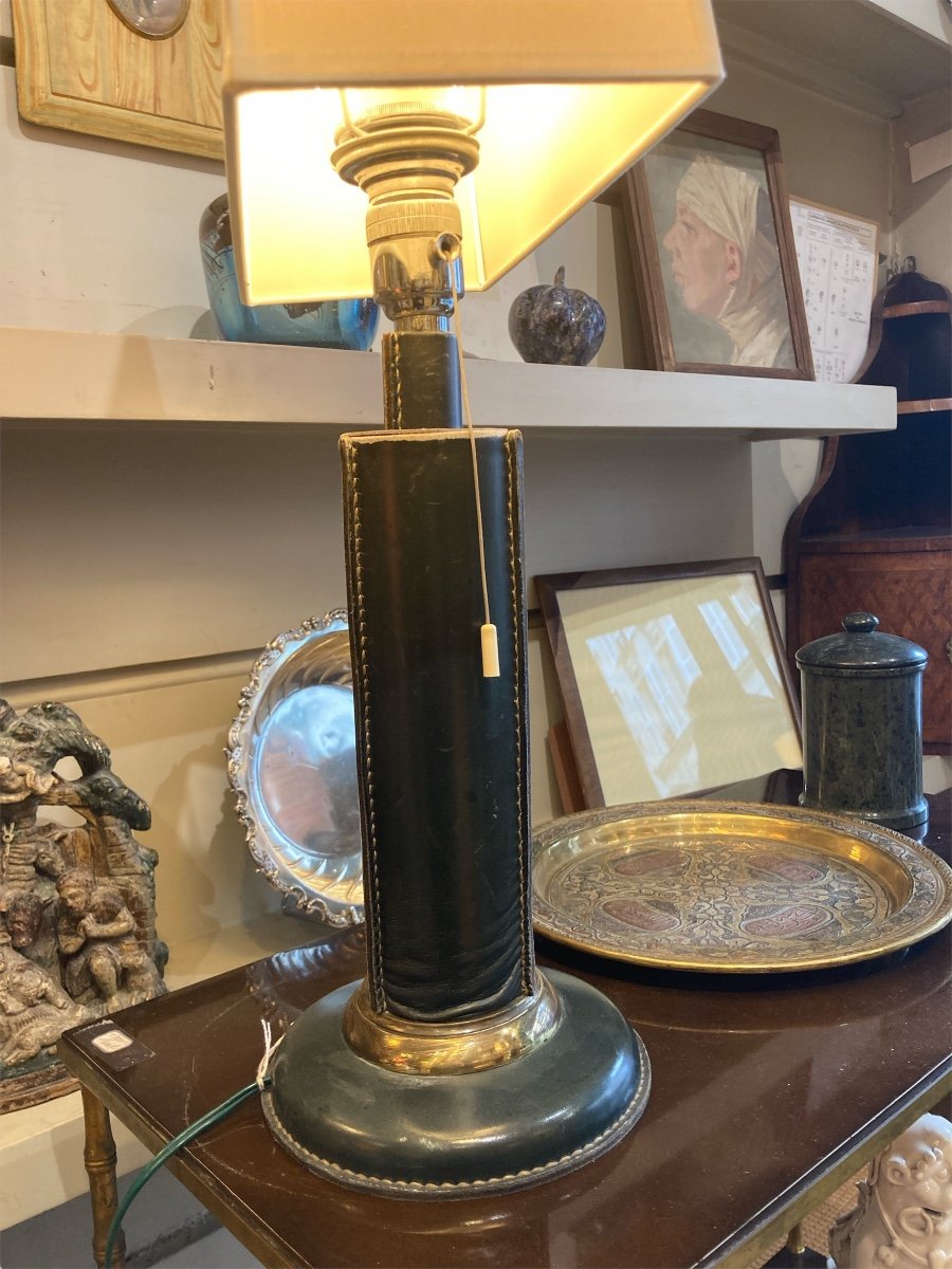 Lampe pied en cuir surpiqué, XXe-photo-3
