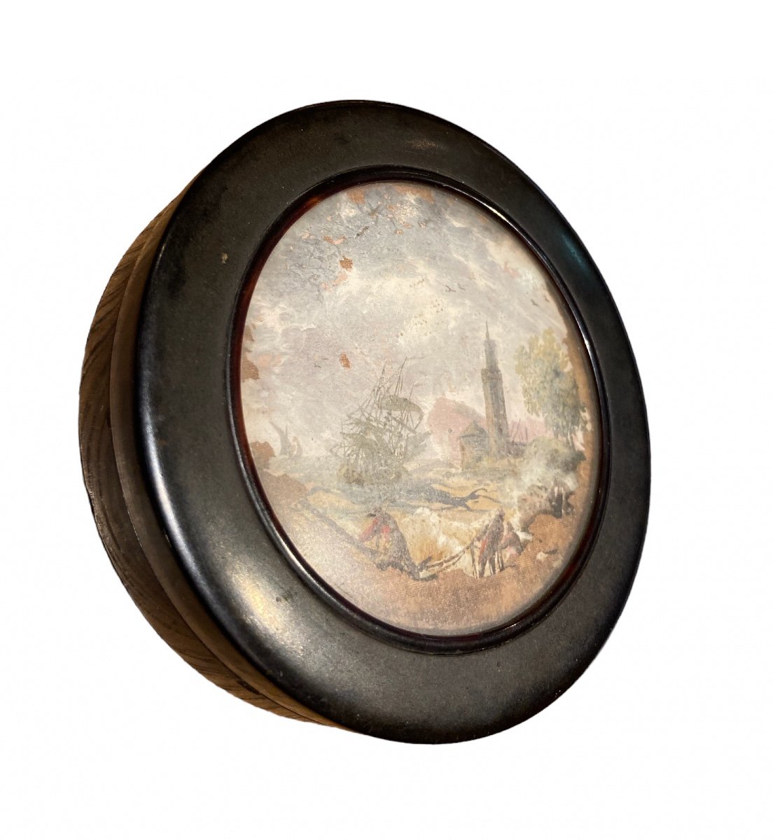 Round Scale-look Box In Tortoise Shell Decorated With A Miniature, Late 19th Century-photo-2