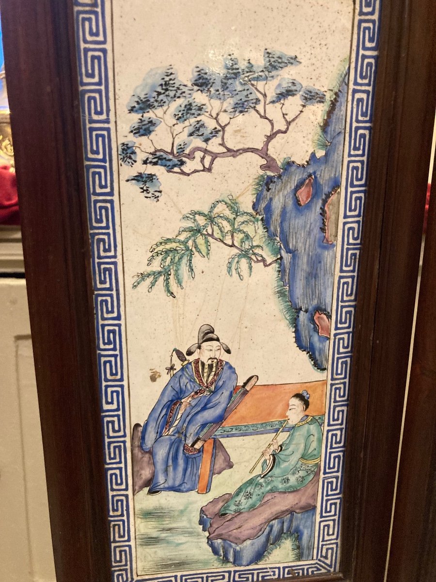 Small Five-panel Exotic Wood Screen With Enameled Plaques, China, 19th Century-photo-3