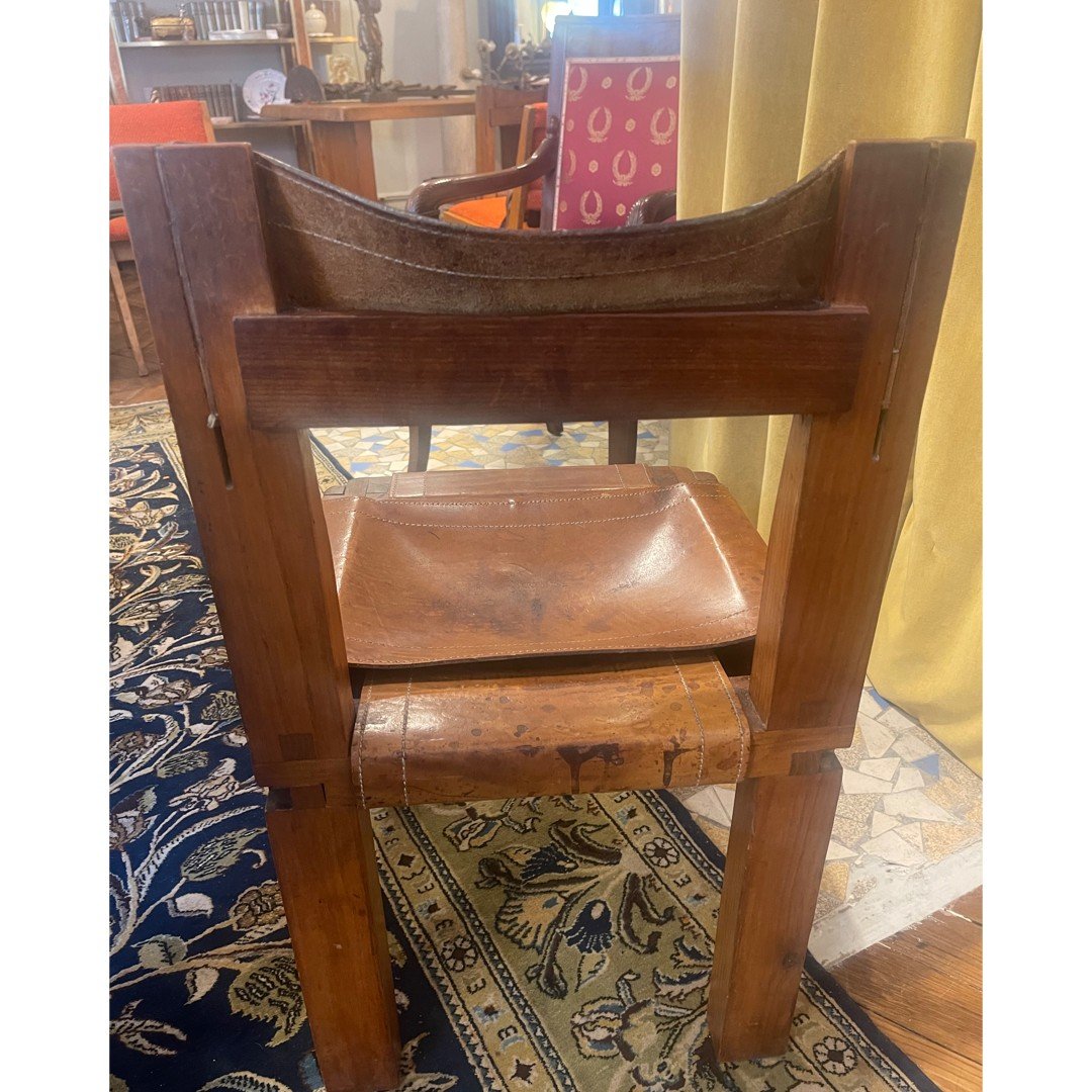 Pierre Chapo, Set Of Five “s11” Chairs  Elm And  Cognac Leather-photo-1