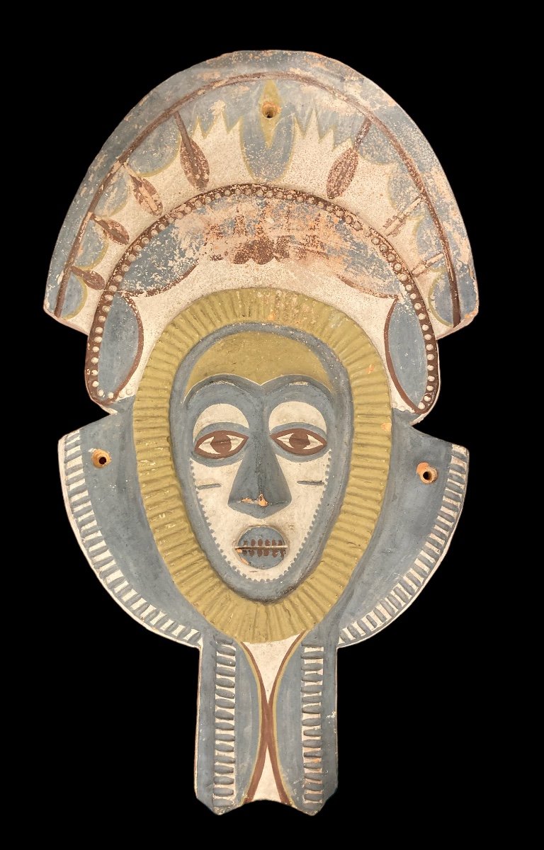 African Mask In Painted Terracotta, 20th Century