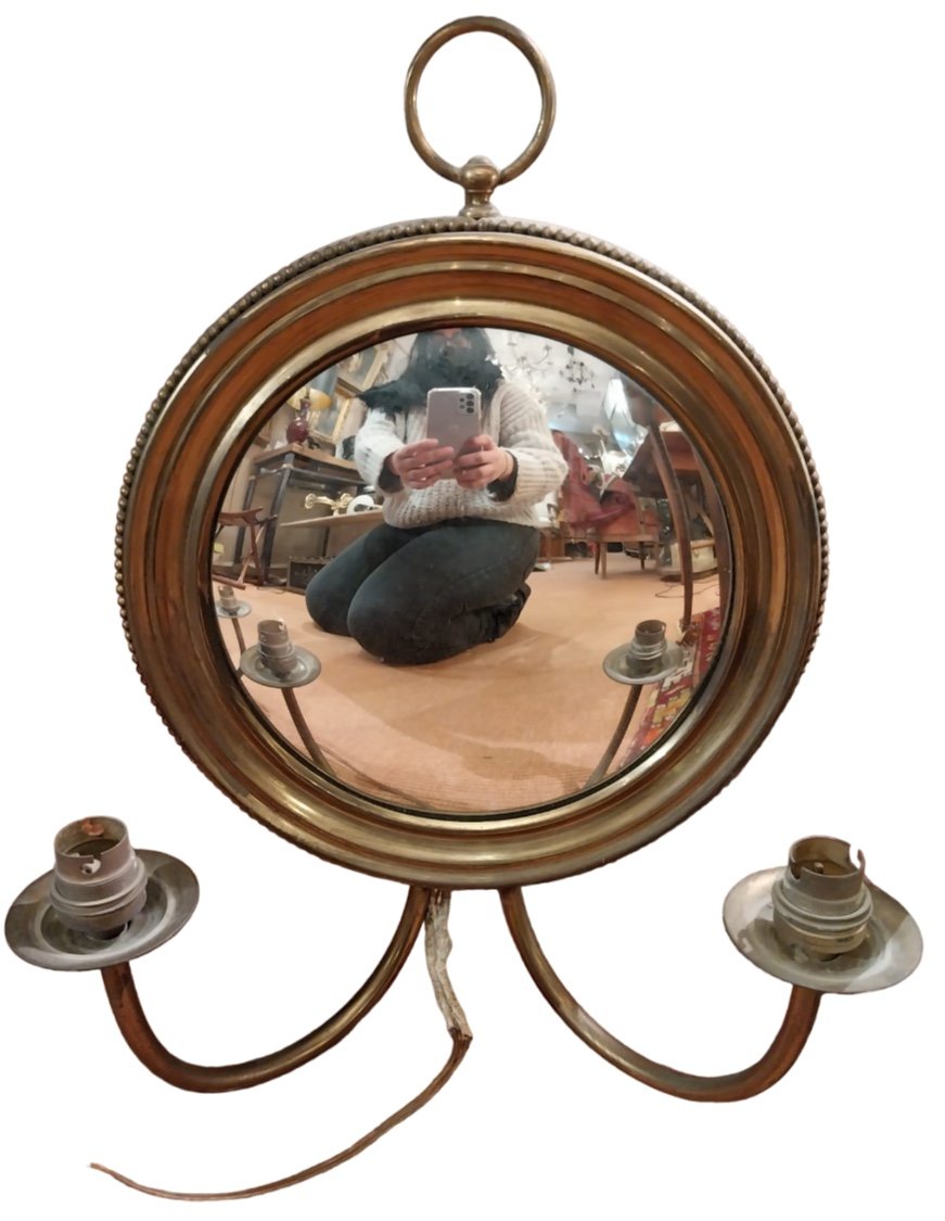 Appliques Miroirs De Sorcières En Laiton Et Bois Doré, Années 50.-photo-2