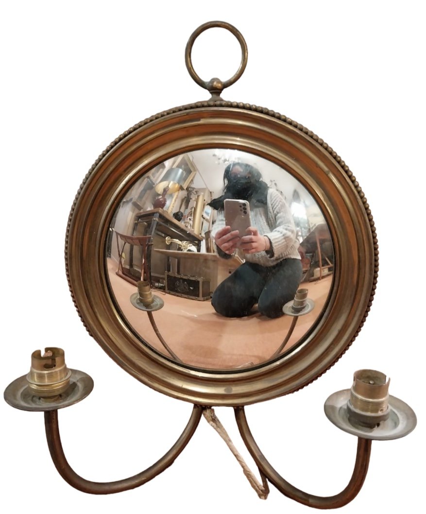 Appliques Miroirs De Sorcières En Laiton Et Bois Doré, Années 50.-photo-3