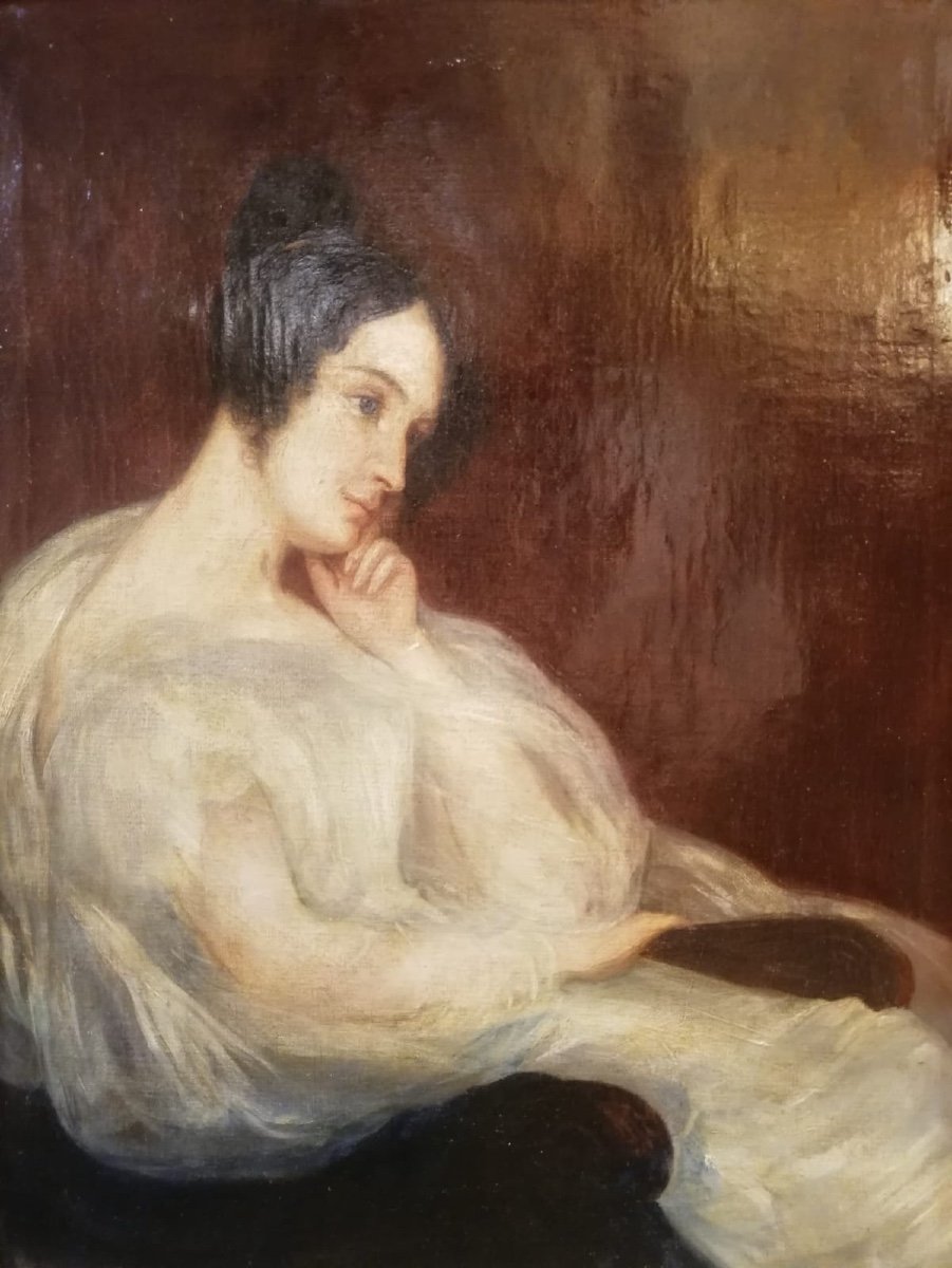 19th Century Portrait Of An Elegant Woman, Oil On Canvas, Romantic Period-photo-2