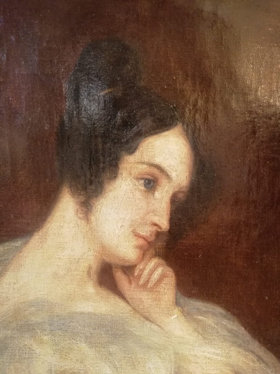19th Century Portrait Of An Elegant Woman, Oil On Canvas, Romantic Period-photo-3