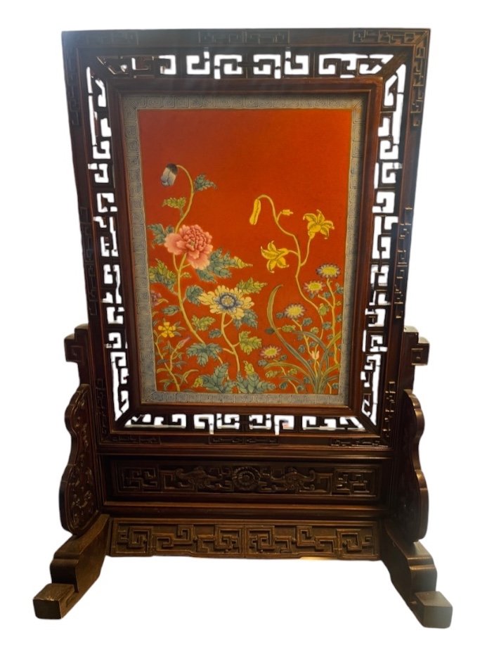Wooden Table Screen With A Polychrome Enameled Porcelain Plaque, China, Circa 1900 