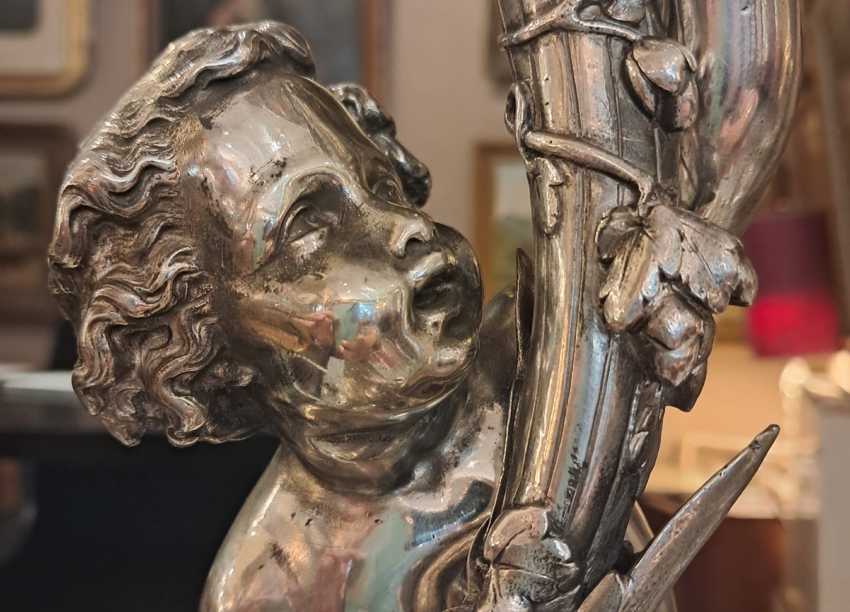 Christofle, paire de pieds de coupe en bronze argenté, XIXe-photo-1