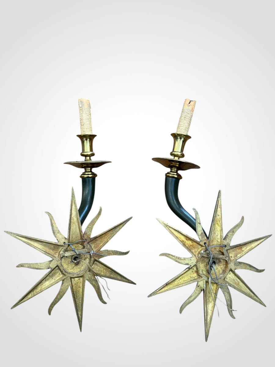 Pair Of Bronze Sun Sconces, 20th Century -photo-1