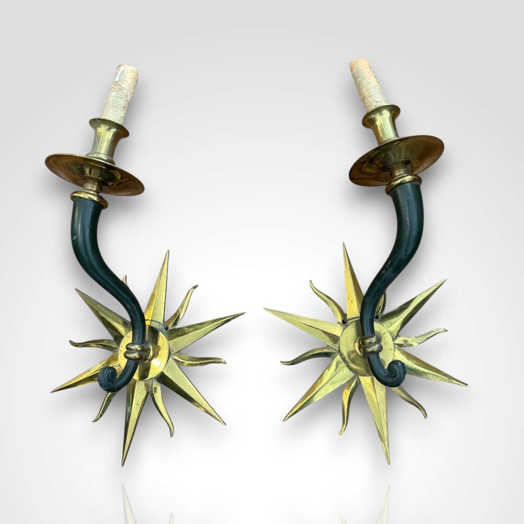 Pair Of Bronze Sun Sconces, 20th Century 