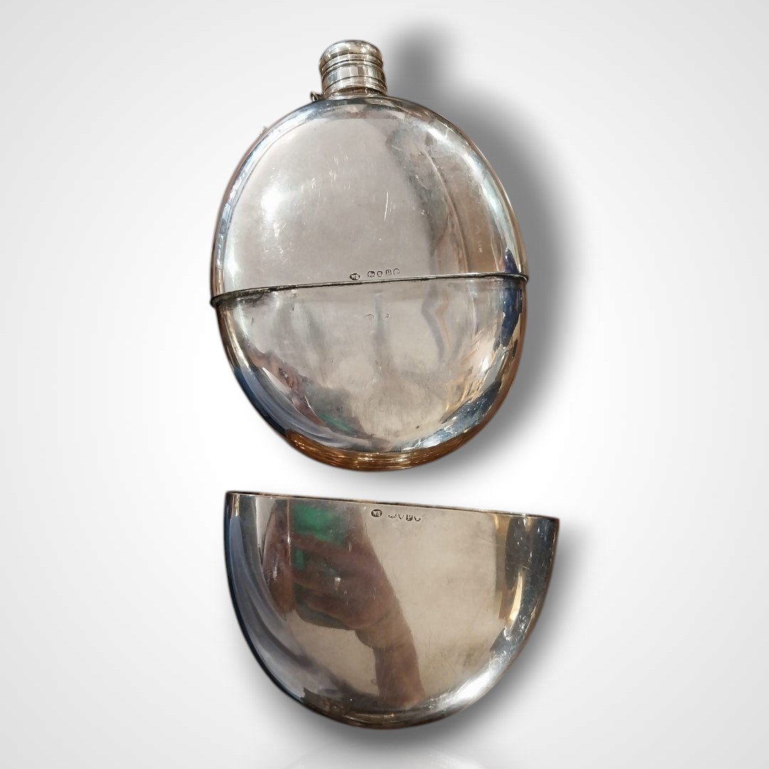 English Double-bottomed Flask In Solid Silver, 19th Century-photo-2