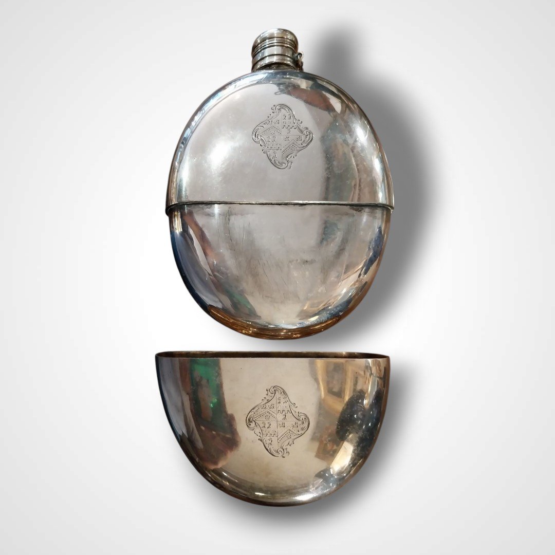 English Double-bottomed Flask In Solid Silver, 19th Century-photo-3