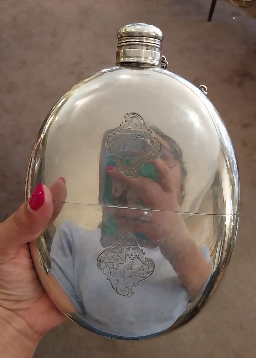 English Double-bottomed Flask In Solid Silver, 19th Century-photo-2