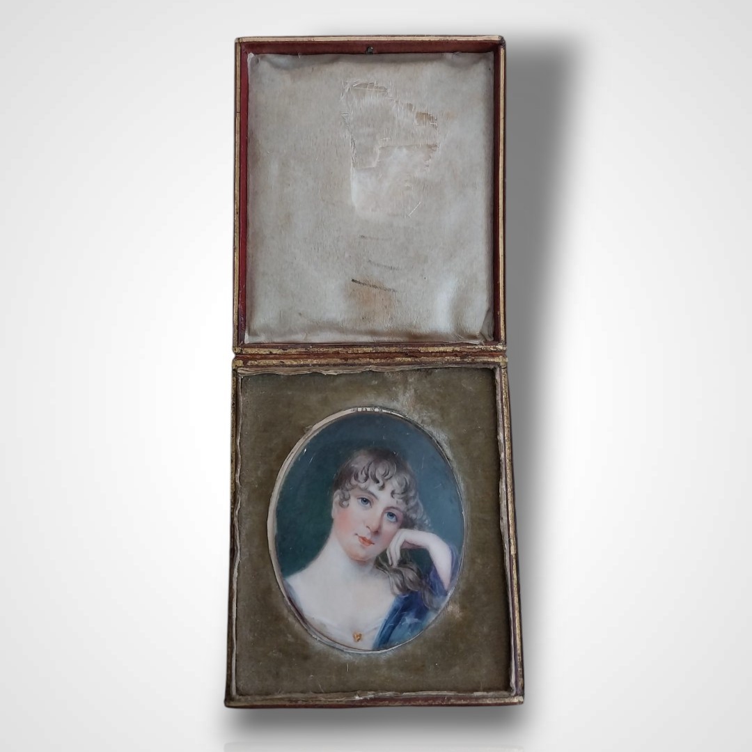 Miniature Of A Woman In Her Red Leather Case, 19th Century