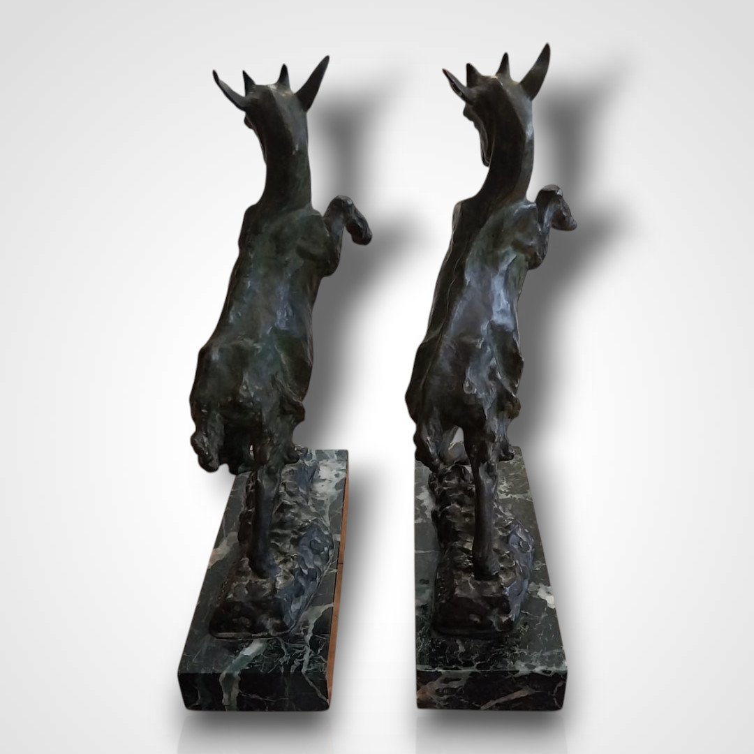 Maurice Prost (1894-1967), Bronze Rearing Goat Bookends, 20th Century-photo-1