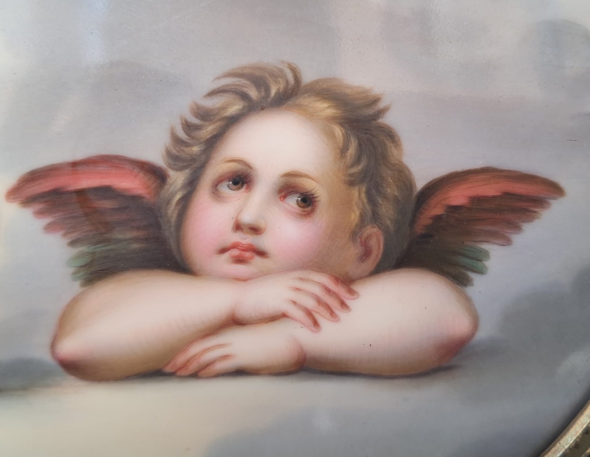 D’après Raphaël, peinture sur porcelaine représentant deux angelots, XIXe-photo-4