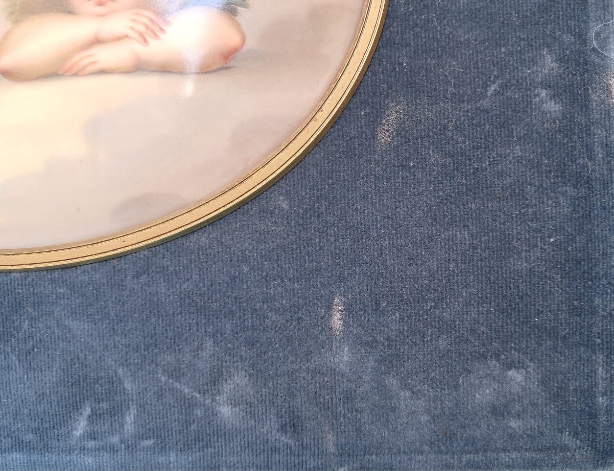D’après Raphaël, peinture sur porcelaine représentant deux angelots, XIXe-photo-1