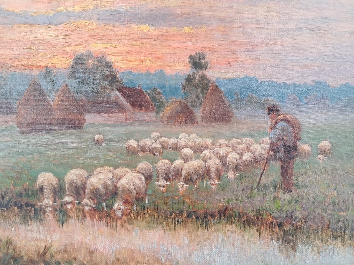 Paul Chaigneau, Shepherd And His Flock, Oil On Canvas, 20th Century-photo-4