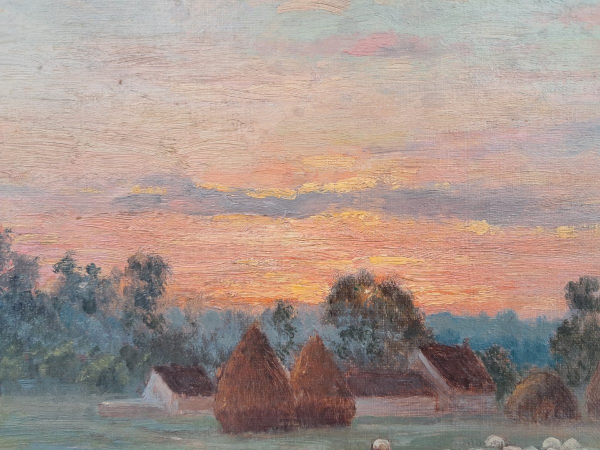 Paul Chaigneau, Shepherd And His Flock, Oil On Canvas, 20th Century-photo-1