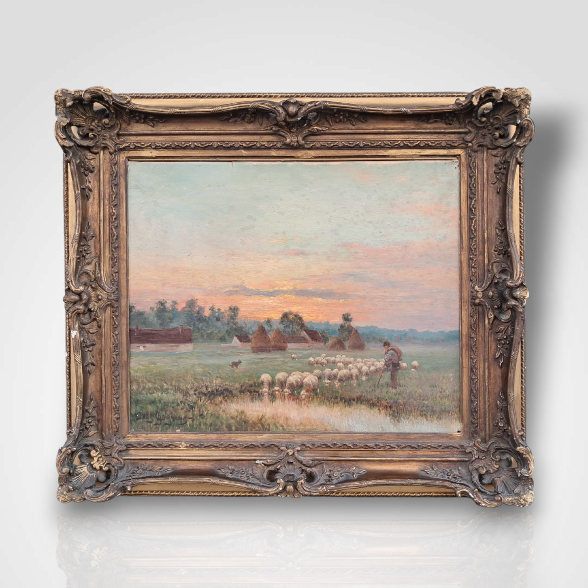 Paul Chaigneau, Shepherd And His Flock, Oil On Canvas, 20th Century