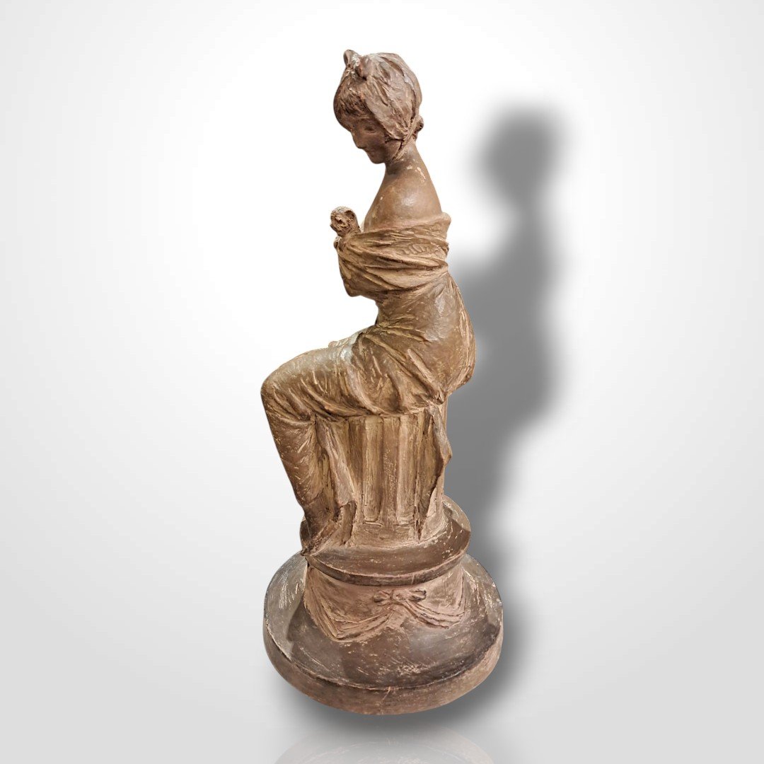 Georges Van Der Straeten, Young Woman With A Small Dog, Terracotta, Early 20th Century-photo-4