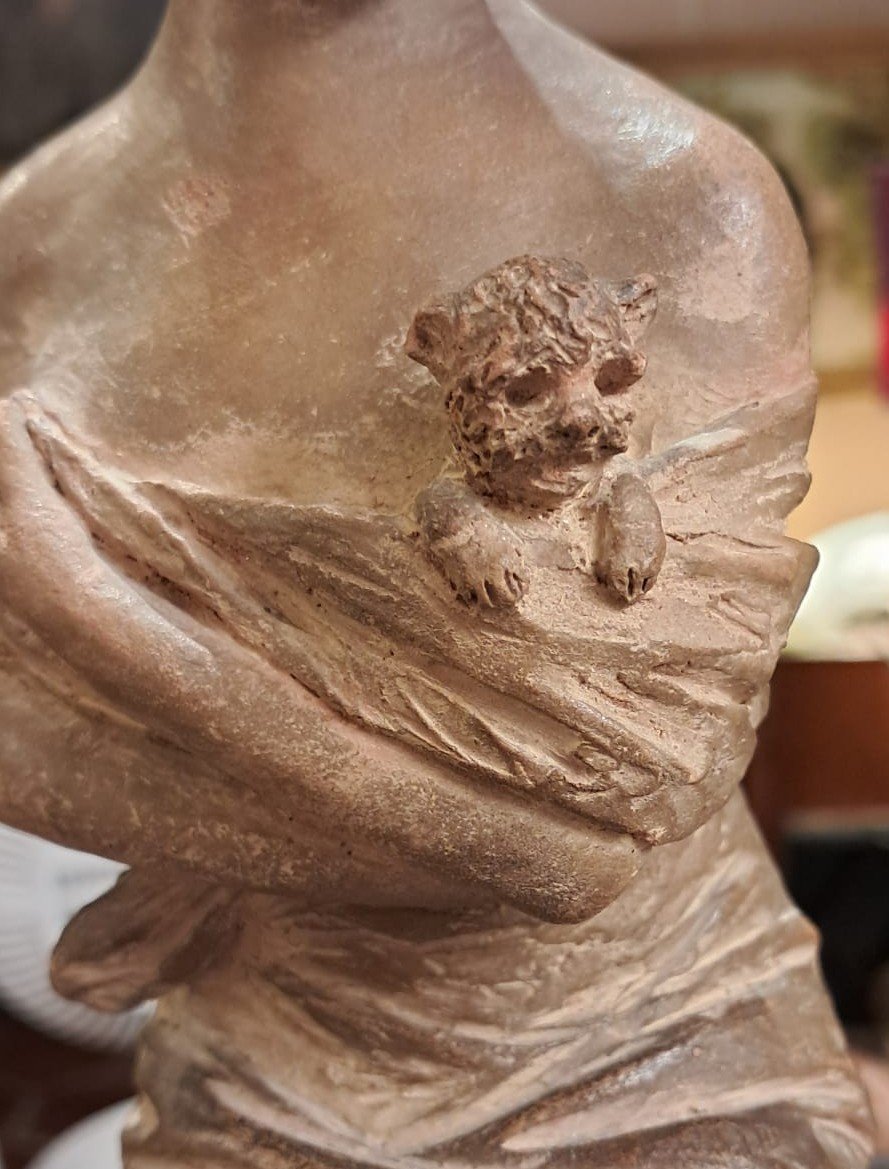 Georges Van Der Straeten, Young Woman With A Small Dog, Terracotta, Early 20th Century-photo-3