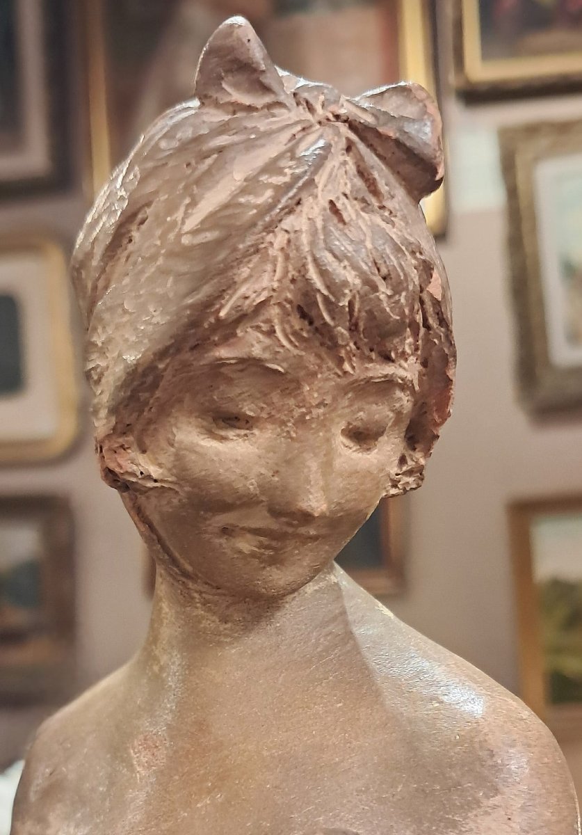 Georges Van Der Straeten, Young Woman With A Small Dog, Terracotta, Early 20th Century-photo-4