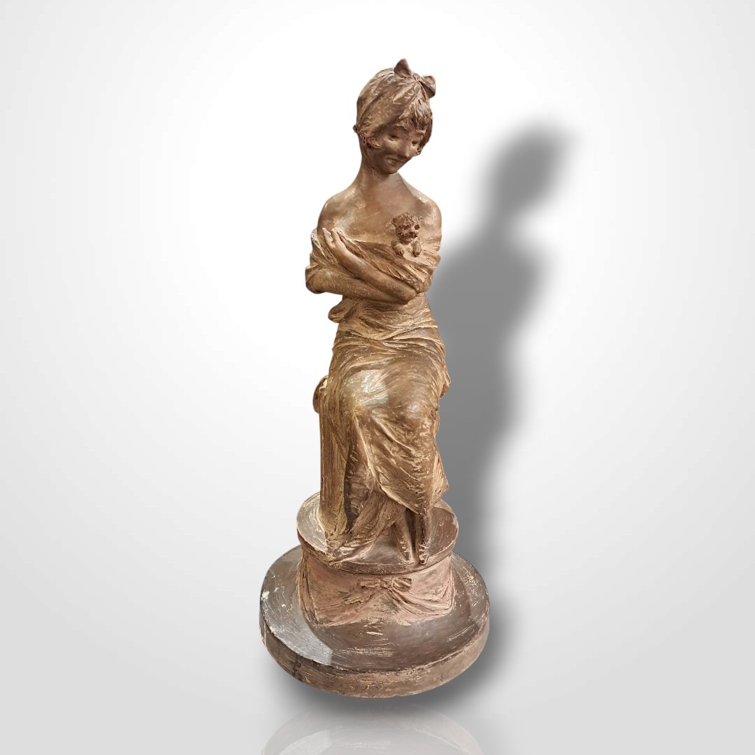 Georges Van Der Straeten, Young Woman With A Small Dog, Terracotta, Early 20th Century