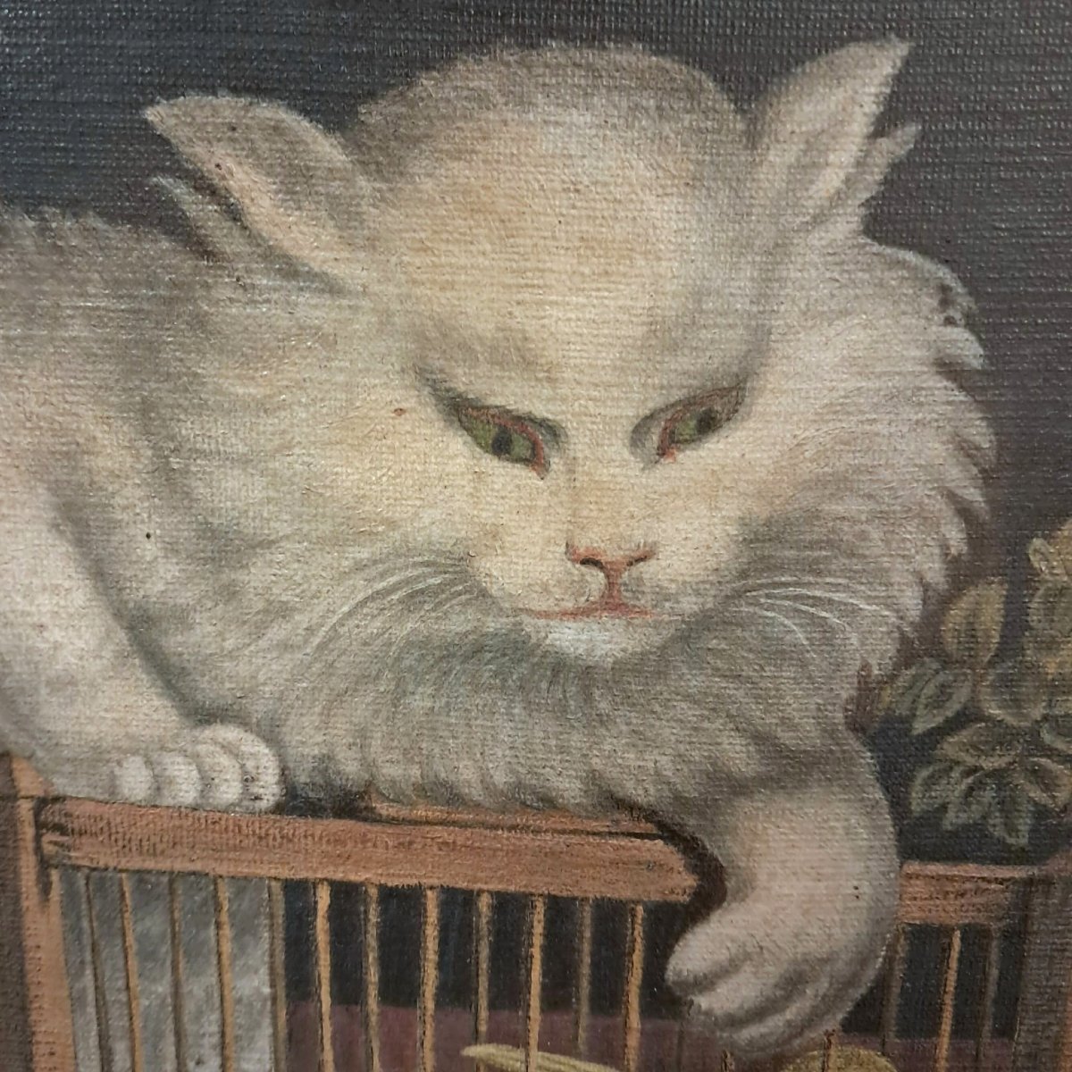 Cat Attacking A Birdcage, Oil On Canvas, 19th Century-photo-4