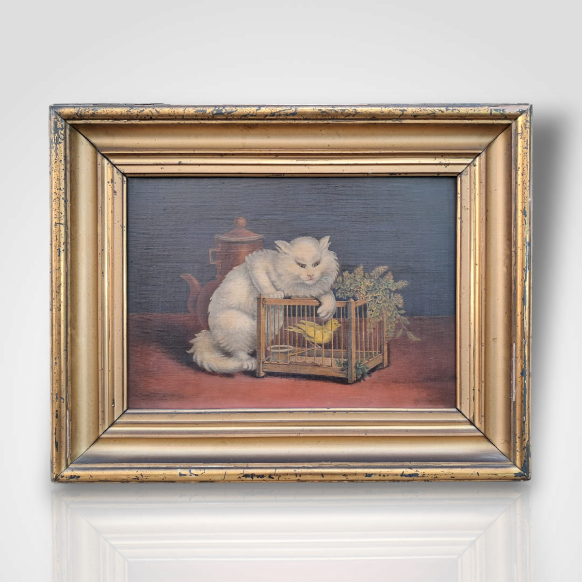 Cat Attacking A Birdcage, Oil On Canvas, 19th Century
