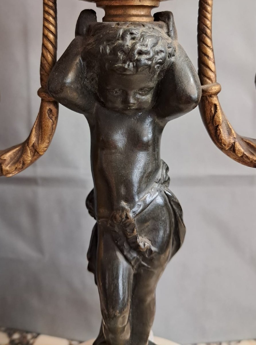 Clock And Pair Of Candlesticks With Cherubs, 19th Century-photo-5