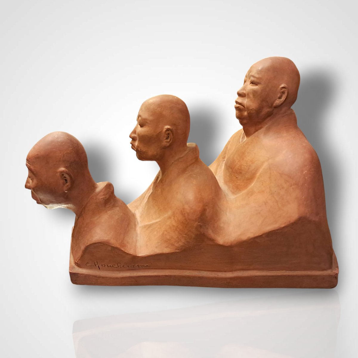 Gaston Hauchecorne, Terracotta Representing Three Chinese Figures, 20th Century-photo-2