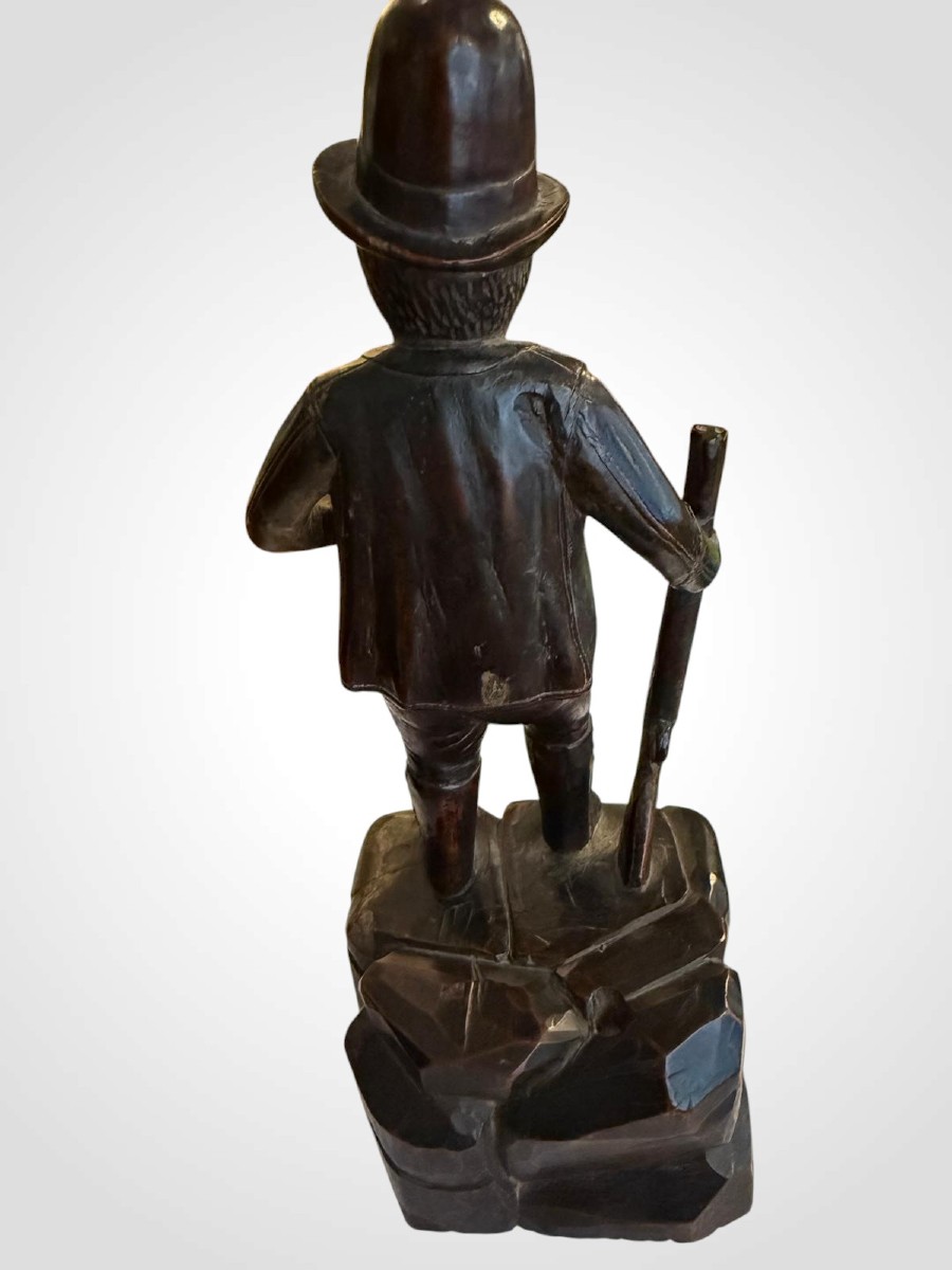 Hunter With Weapon Statuette, Wood, 19th Century -photo-2