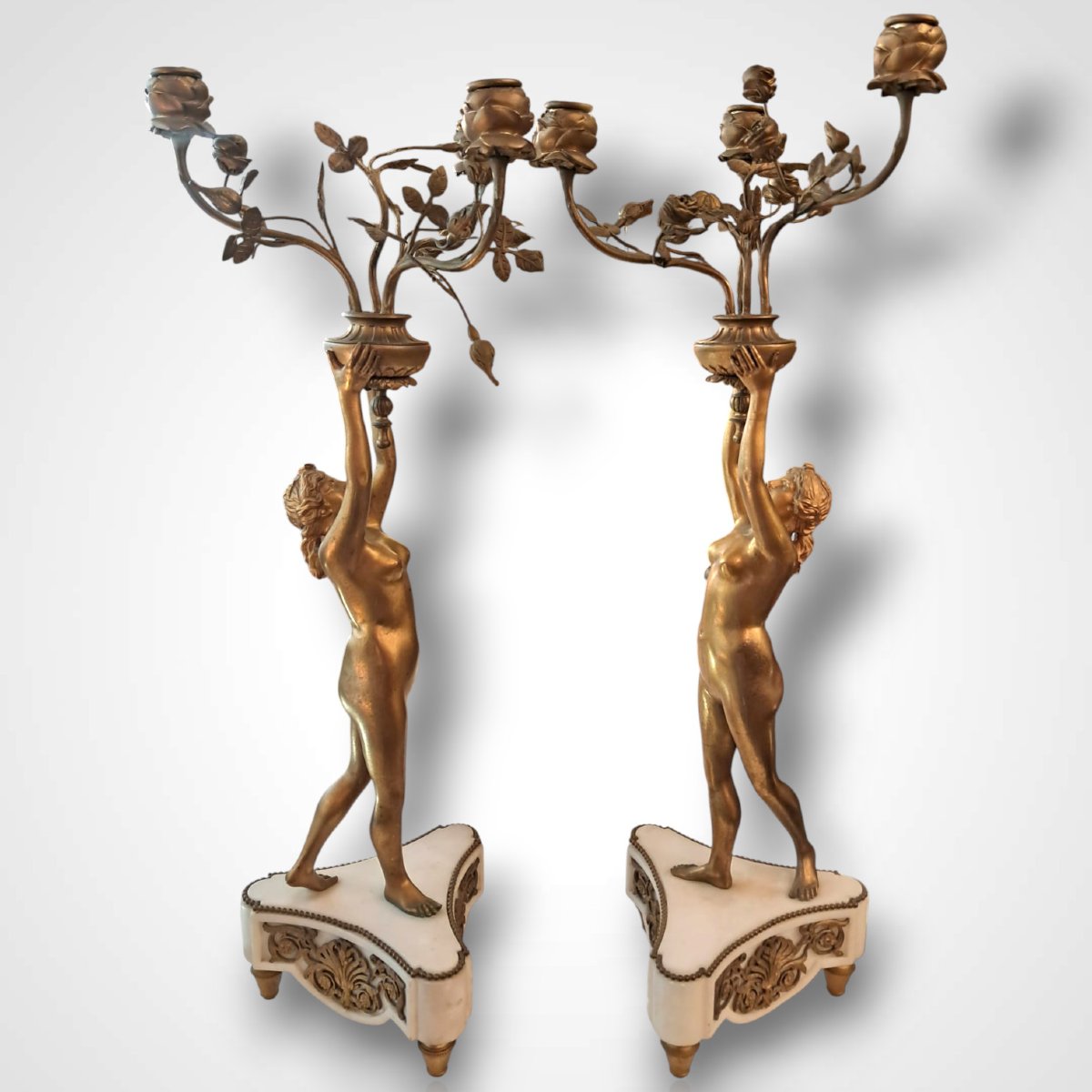 Pair Of Bronze And Marble Candelabra, 19th Century-photo-2