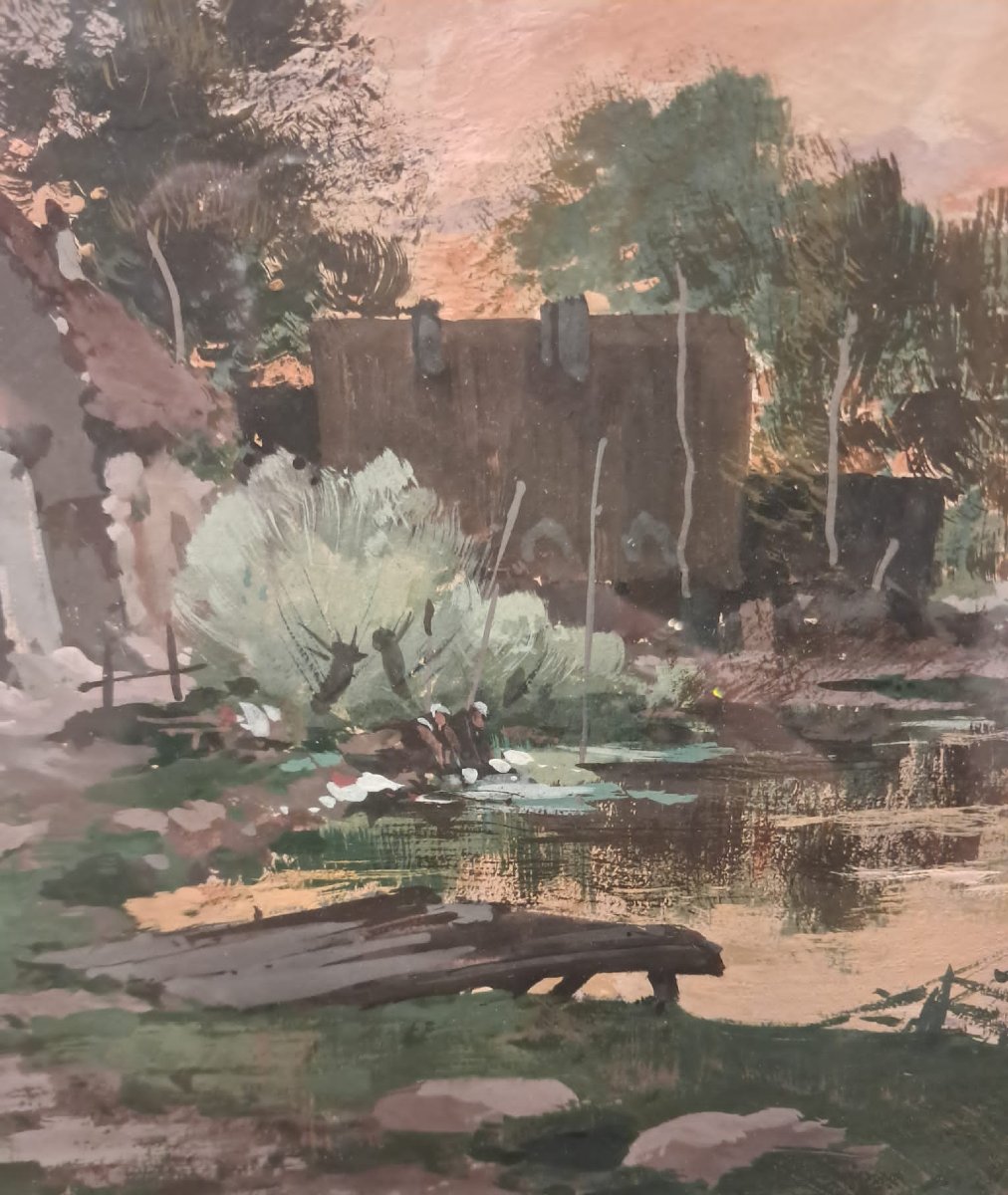 Eugène Galien-laloue, Countryside Landscape, Gouache On Paper, Late 19th-early 20th Century-photo-1