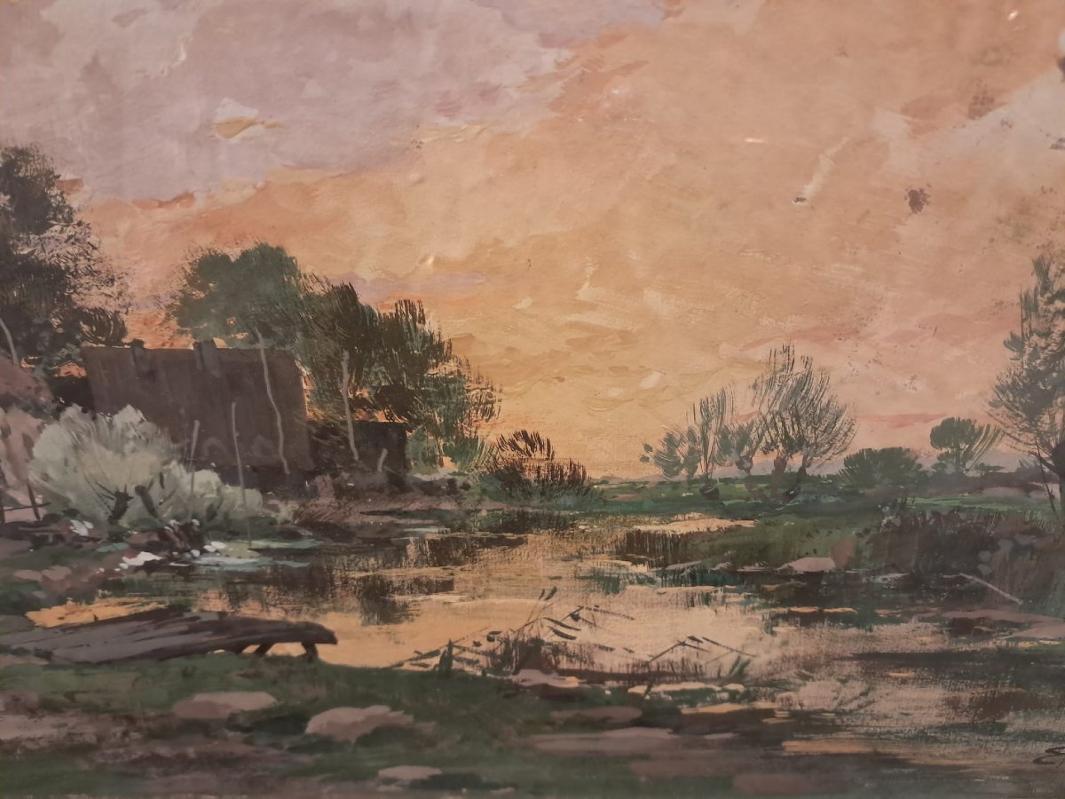 Eugène Galien-laloue, Countryside Landscape, Gouache On Paper, Late 19th-early 20th Century-photo-2