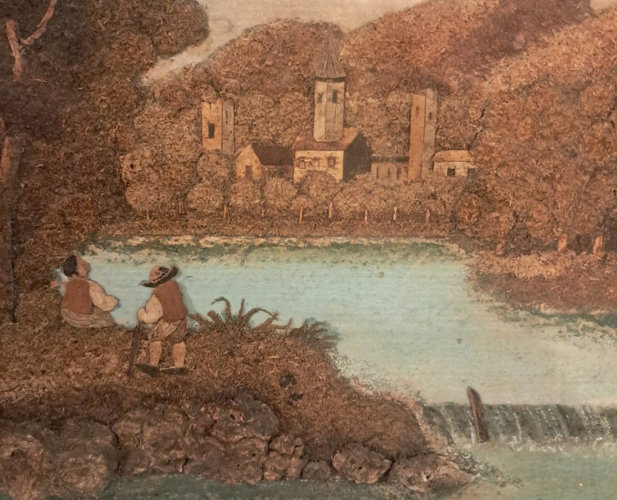 Paire de paysages, gouaches agrémentées d’incrustations de végétaux, XIXe-photo-2