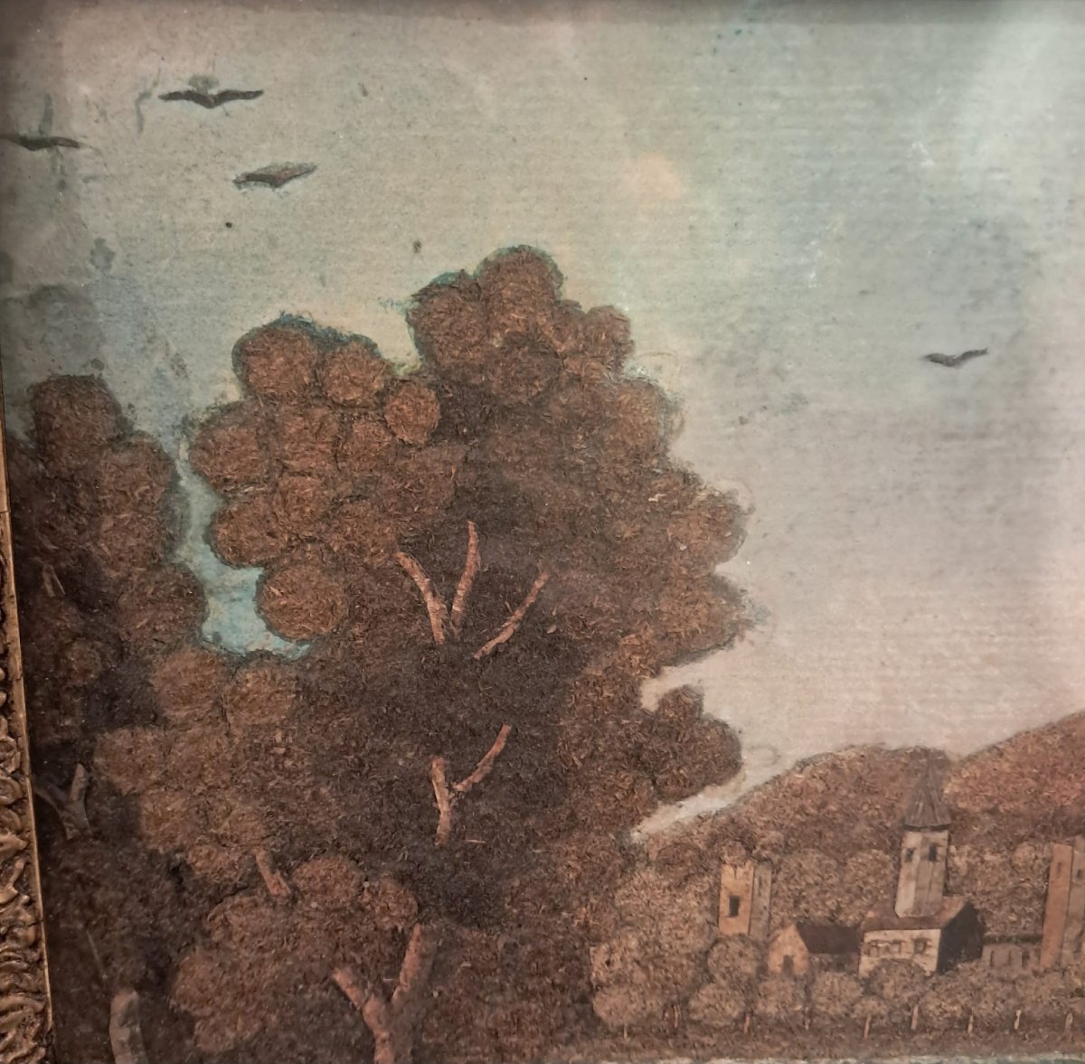 Paire de paysages, gouaches agrémentées d’incrustations de végétaux, XIXe-photo-3