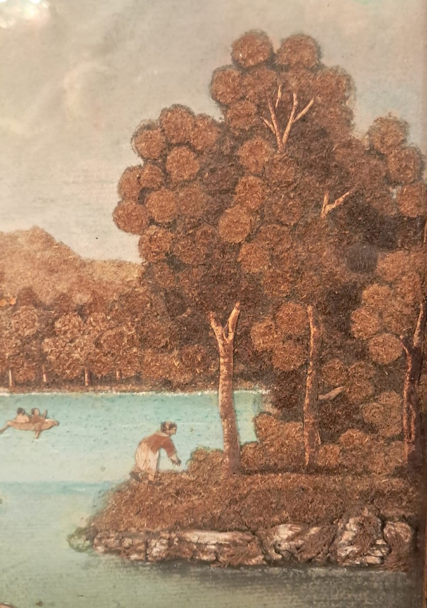 Paire de paysages, gouaches agrémentées d’incrustations de végétaux, XIXe-photo-4