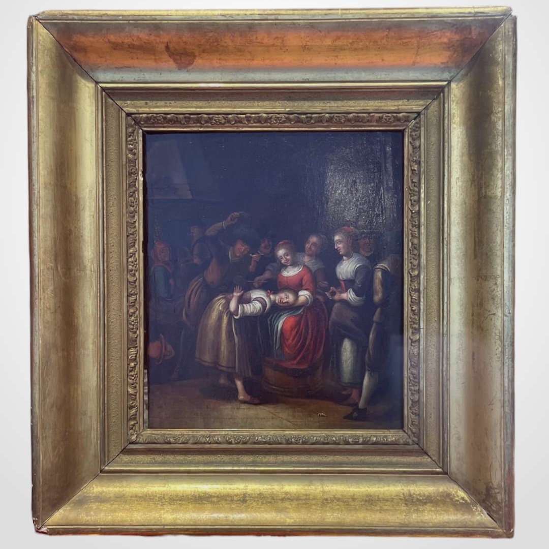 Ecole de Gerrit Lundens, "Le jeu de la main chaude", huile sur panneau, fin XVIIe