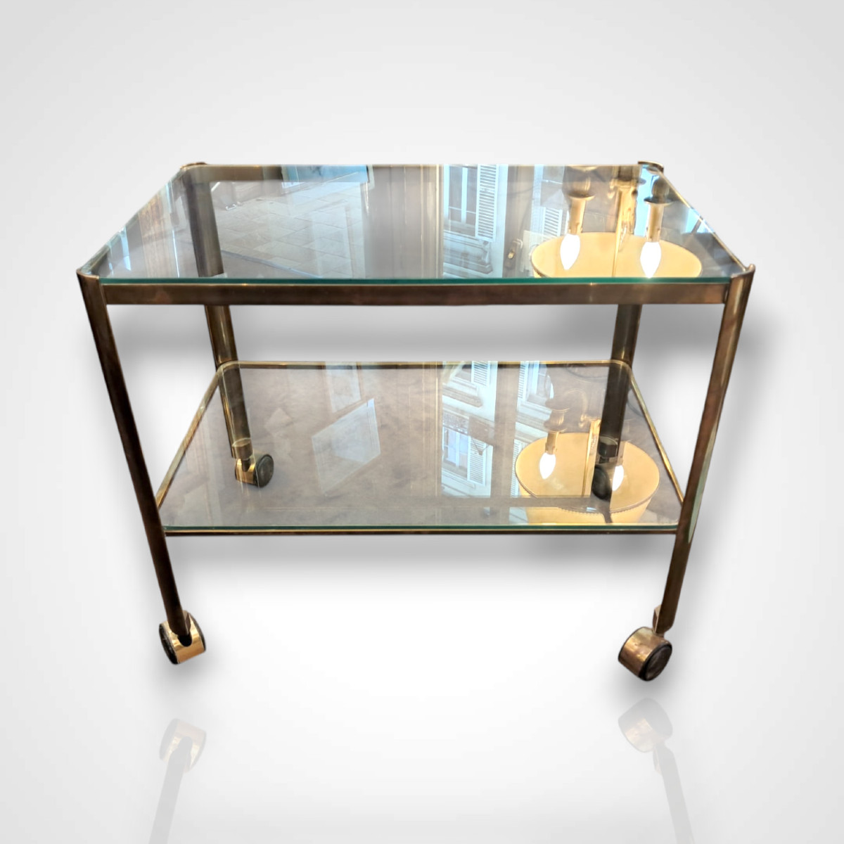 Jacques Quinet pour Broncz, chariot à roulettes en bronze et verre, XXe